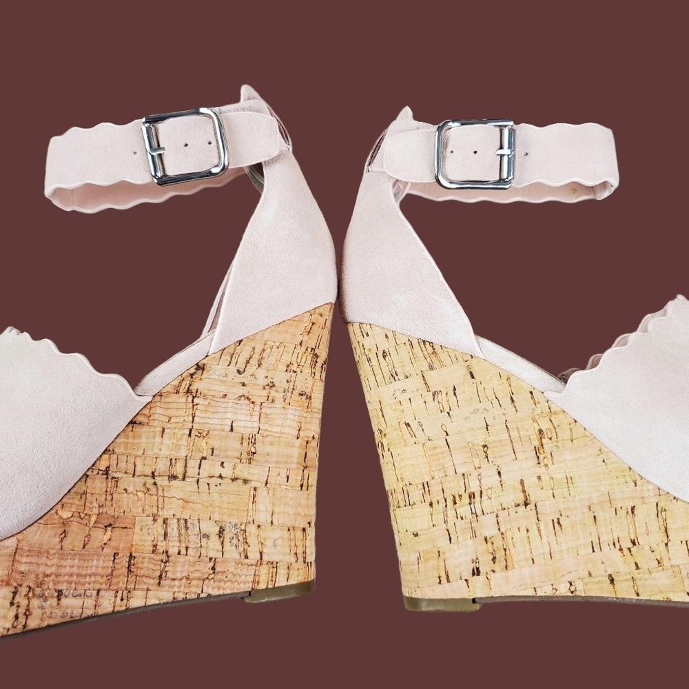 Marc Fisher Hayo Light Pink Scallop Suede Leather Cork Wedge Sandals Size 7.5 - Picture 8 of 13